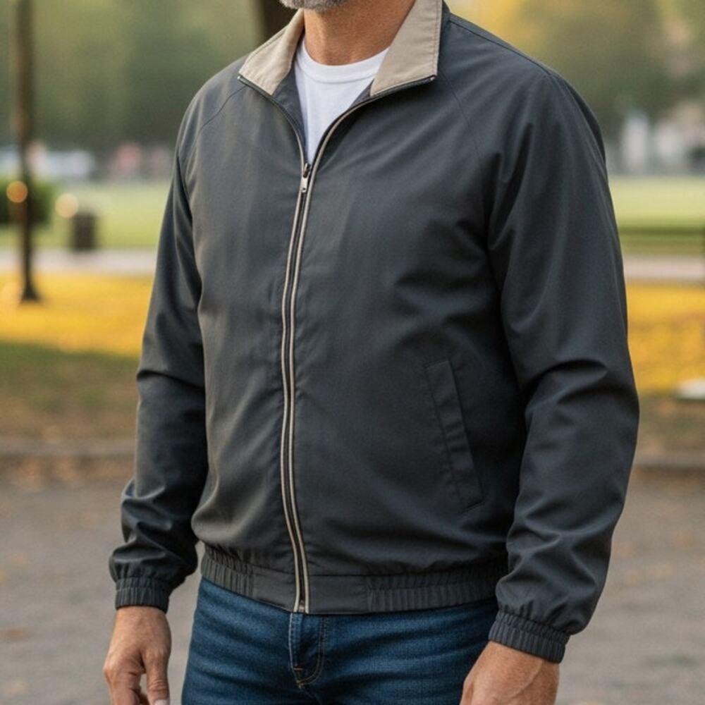 Weatherproof Windbreaker Golf Bomber Jacket Full zip Mesh Lined Black Tan M